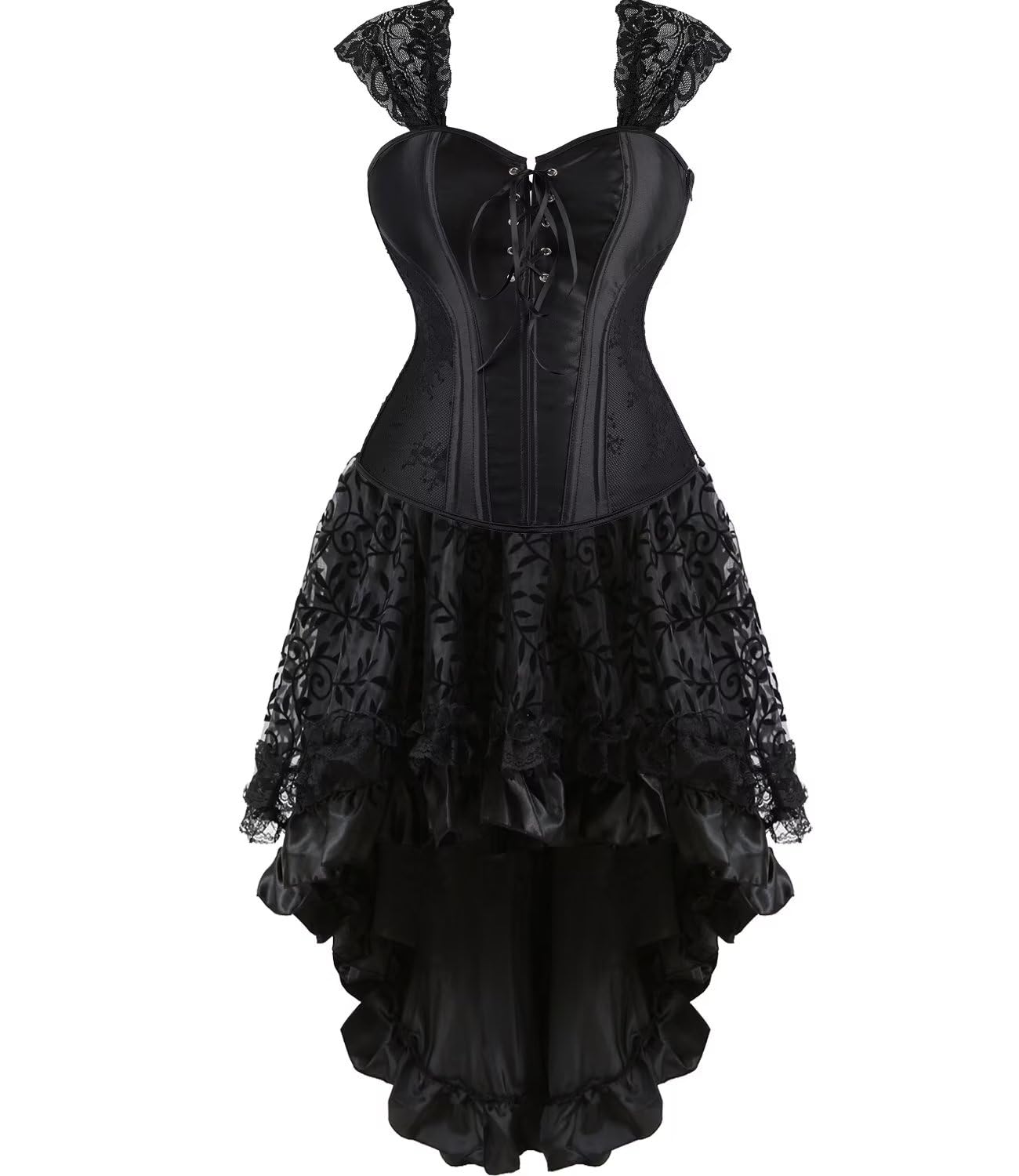 Jutrisujo Corset Jupe Set Femme Lacet Sexy Lingerie Gothique Vintage Avec Bustier Dentelle Victorien Grande Taille Noir