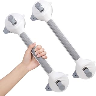 2 Stück Haltegriff Dusche ohne Bohren, 42 cm Haltegriff mit Saugnapf bis 110 kg, Duschgriff mit Saugnapf für Senioren, Badewannengriff mit Rot-Grün-Anzeige, rutschfester Handgriff Bad, Grau