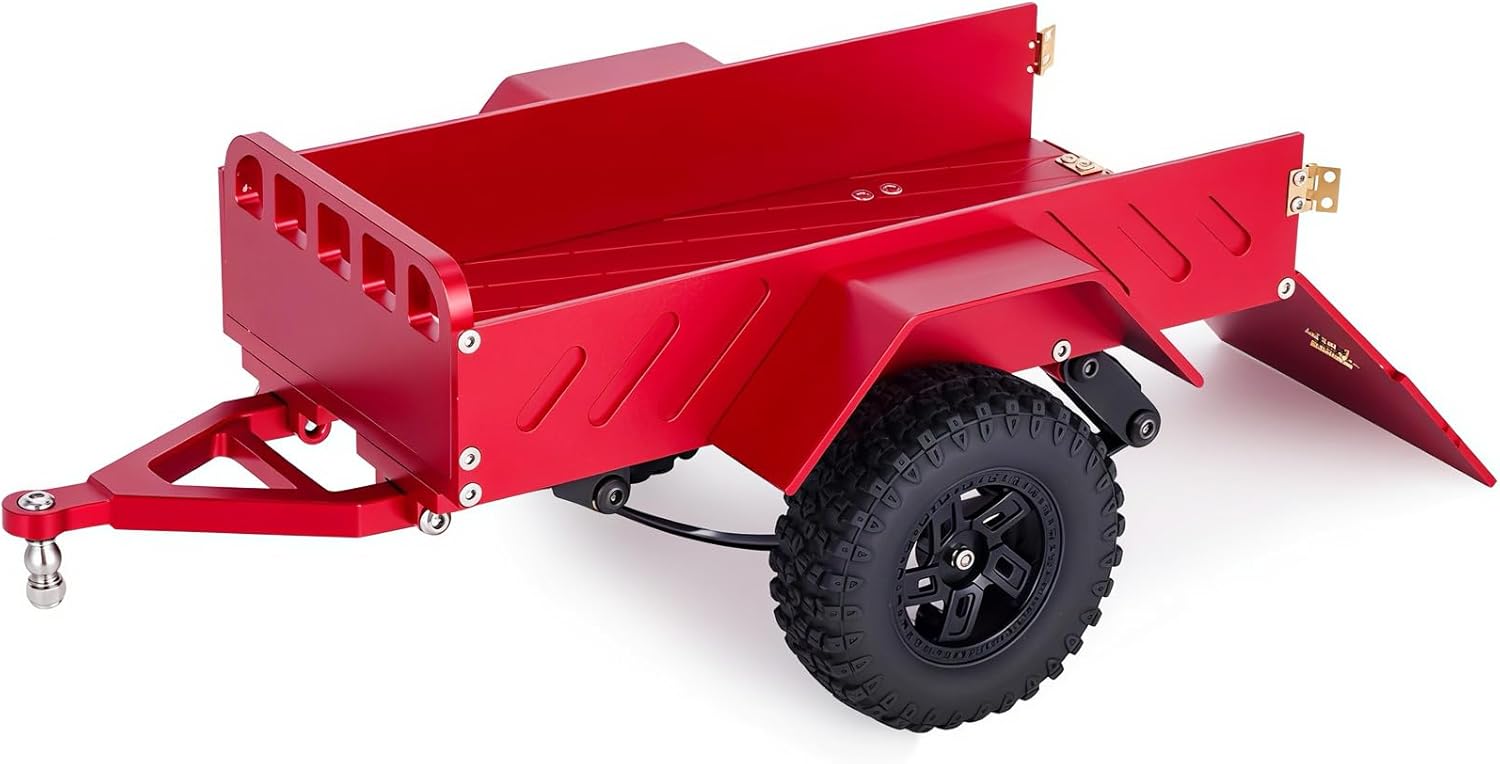 CNC Aluminum Utility Trailer for 1/18 RC Crawler, Small Scale Hauling Trailer with Fold-Down Tailgate Ramp, 1.0in Wheels, Fully Assembled (Red)