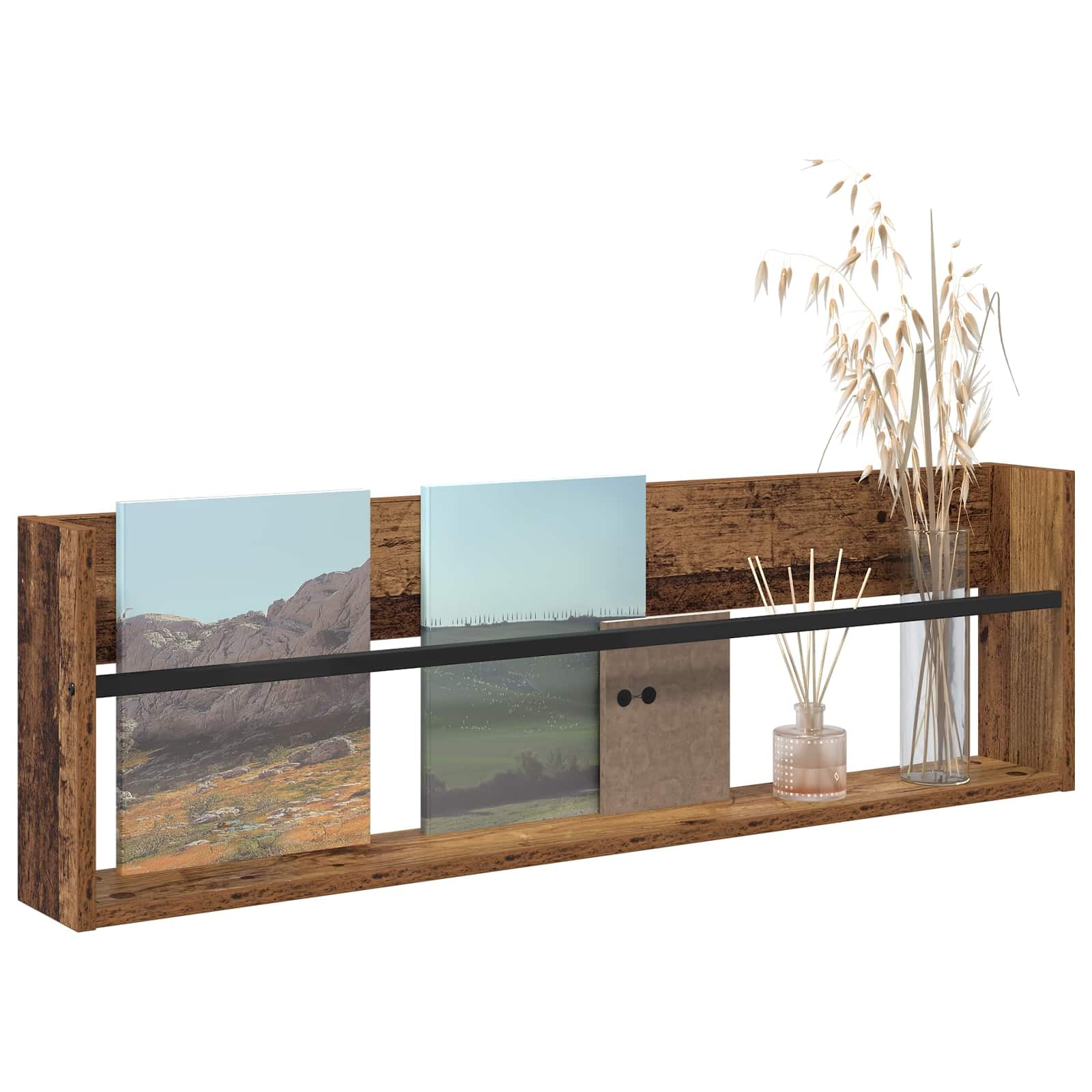 Regał na magazyny, stare drewno, 100 x 12 x 30 cm, materiał drewnopochodny, montowany na ścianie, z regałem, uniwersalny stojak na czasopisma, do salonu, biura, korytarza, praktyczne