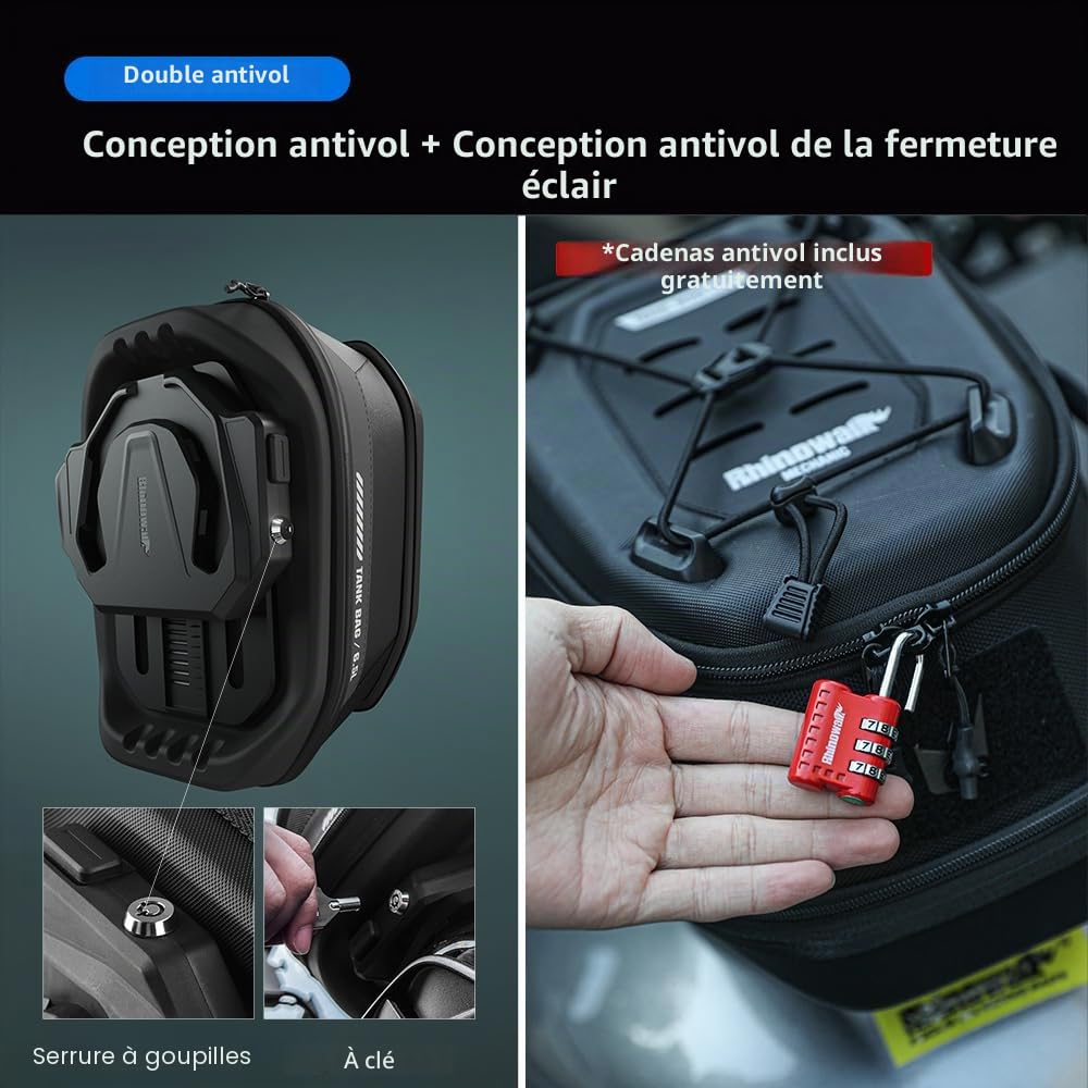 Sacoche de réservoir Rhinowalk pour moto 5L-6.5L avec aimants puissants à détachement rapide et housse de pluie, compatible avec Harley Davidson, Indian, Honda, Yamaha, Suzuki et plus - Noir