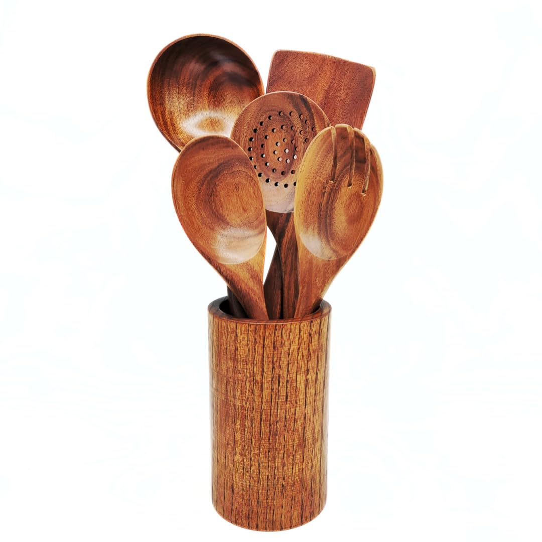 Juego de cocina de madera de teca ecológico: set de 6 utensilios sostenibles para tu hogar
