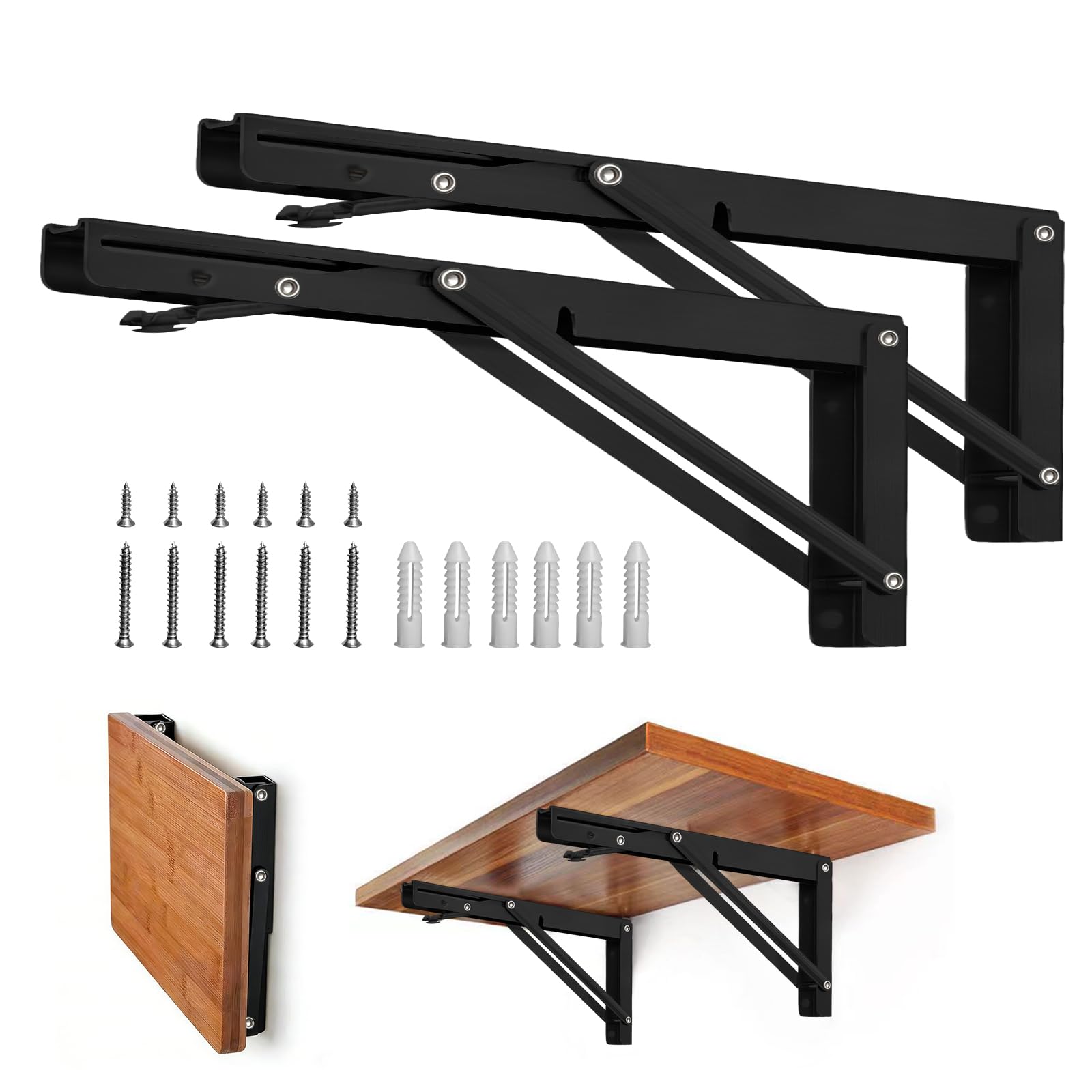 Storystore Folding Shelf Brackets - 16 Inch Heavy Duty Metal Collapsible Shelf Bracket for Bench Table, Shelf Hinge Wall Mounted Space Saving DIY Bracket, Max Load: 150 lb 2 PCS (Black)-image-49