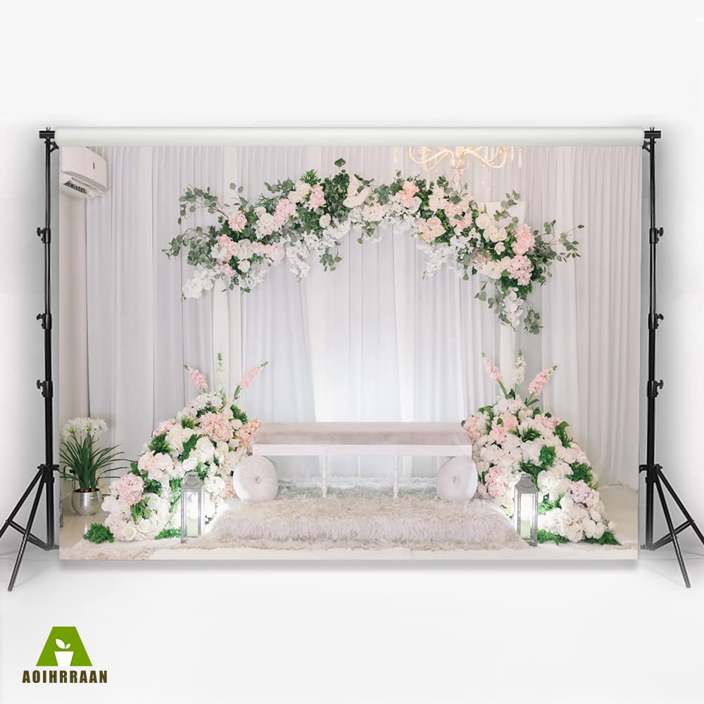 Aoihrraan 3x2m Mariage Toile De Fond Rideau Blanc Floraison Fleur Glycine Verte Rose Floral Chaise Photographie Douche Nuptiale Anniversaire Proposition Fête Saint Valentin Portrait Studio Photo