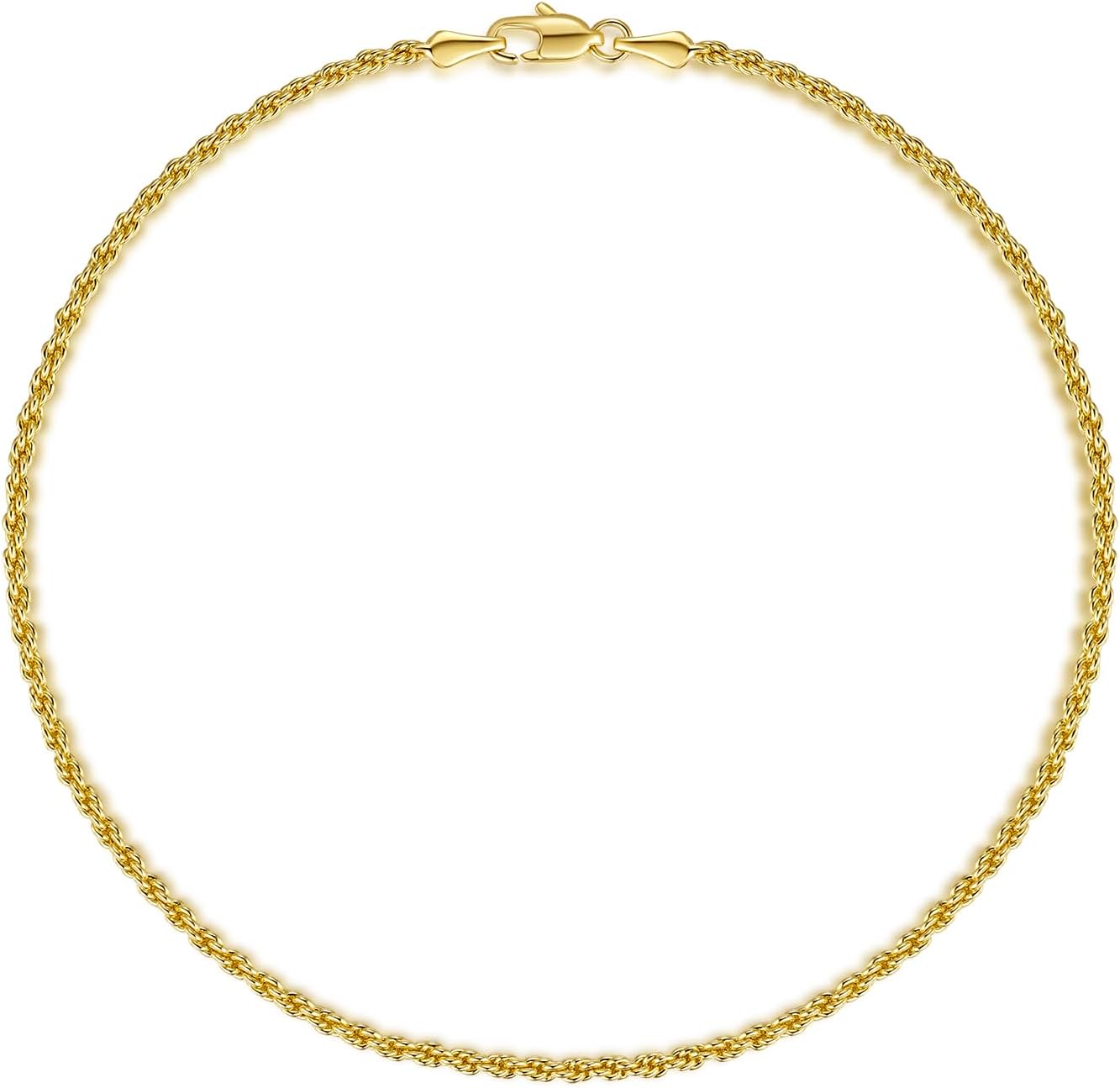 14K Gold Ankle Bracelet for Women Waterproof Rope Chain Ankle Bracelet for Men 2mm Thin Gold Anklets Jewelry for Women & Men 9/10/11in