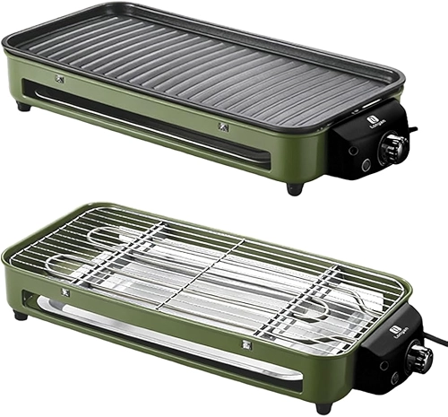 Versátil Churrasqueira Elétrica Portátil 127V Verde Ferro Inox 1500W Alta Potência Desmontável Fácil Limpeza Pouca Fumaça Controle de Temperatura Ótimo Para Casa e Acampamento