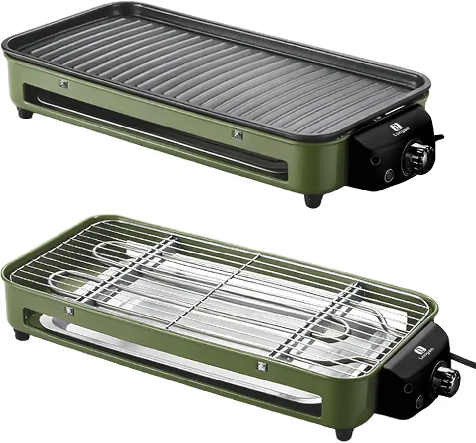 Versátil Churrasqueira Elétrica Portátil 127V Verde Ferro Inox 1500W Alta Potência Desmontável Fácil Limpeza Pouca Fumaça Controle de Temperatura Ótimo Para Casa e Acampamento