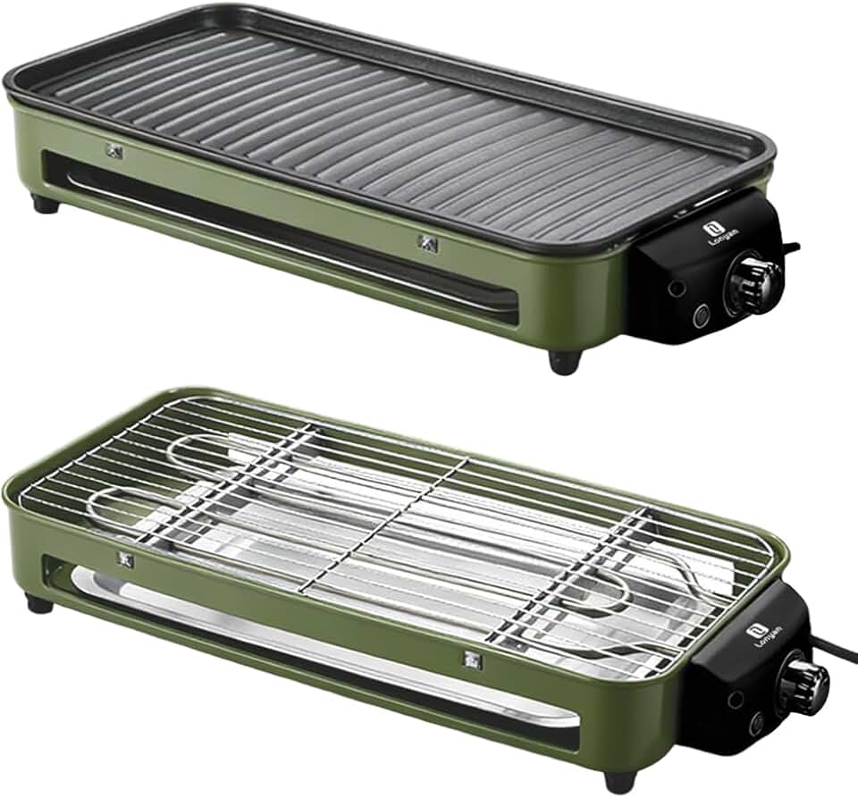 Versátil Churrasqueira Elétrica Portátil 127V Verde Ferro Inox 1500W Alta Potência Desmontável Fácil Limpeza Pouca Fumaça Controle de Temperatura Ótimo Para Casa e Acampamento