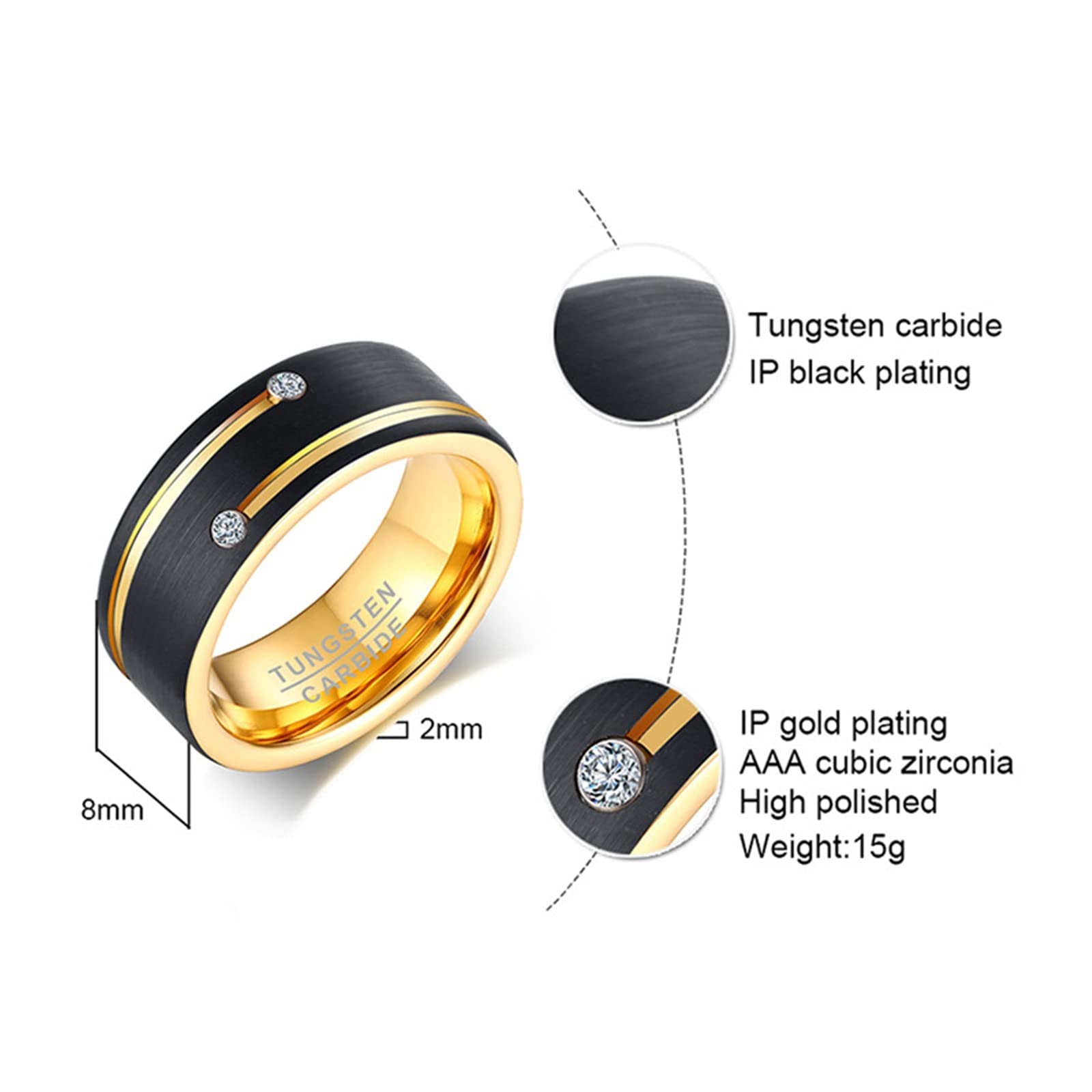 Gualiy Anello Uomo Tungsteno, Anello Hip Hop Anello Spazzolato 8mm con Zirconia Cubica Anello Taglia 15 a 27