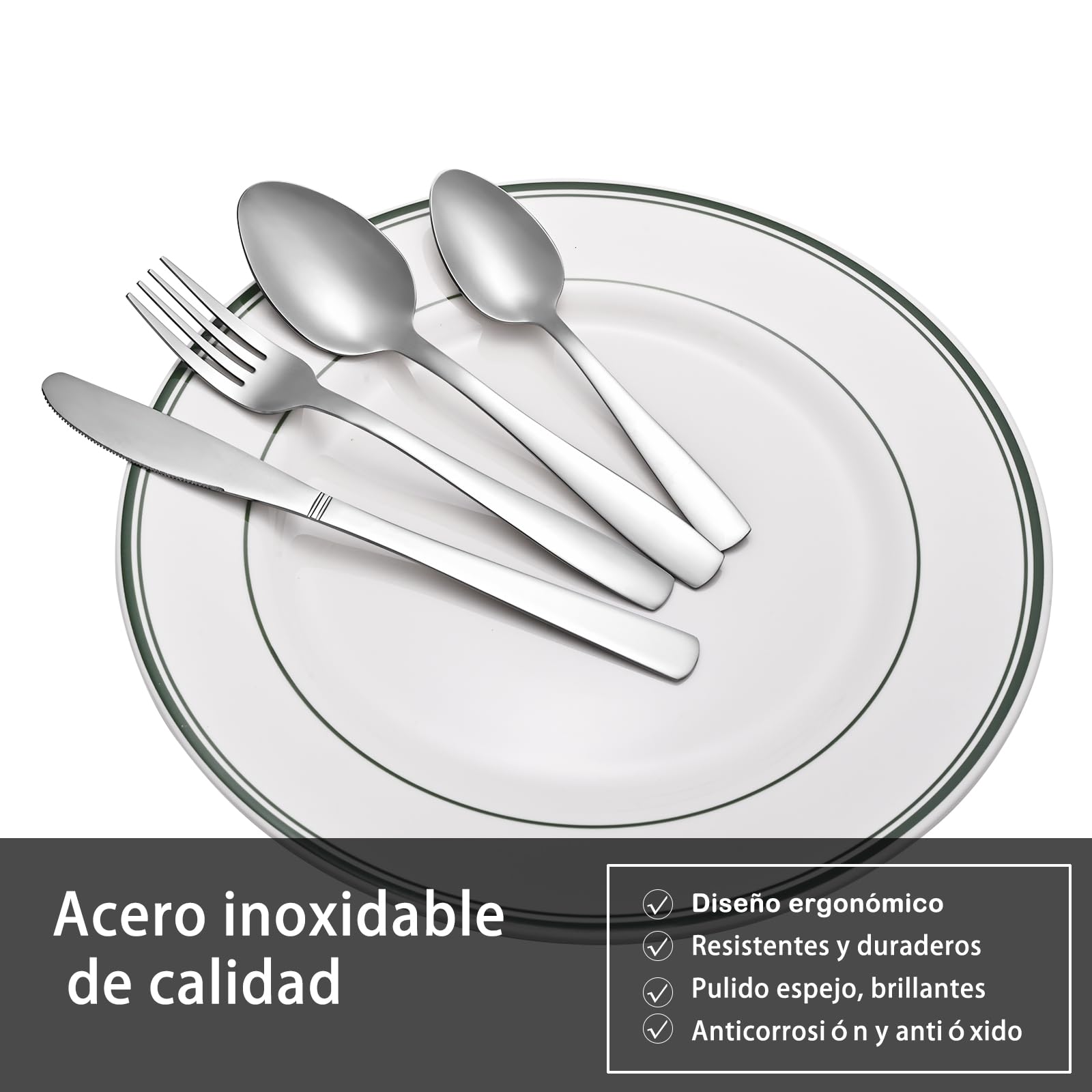 Juego de Cubiertos de Acero Inoxidable de 16 piezas -Otto Koning Hannover- pulido brillante. Cubertería para 4 personas. Set con Cuchara Cuchillo y Tenedor, Diseño Sencillo. Apto para lavavajillas