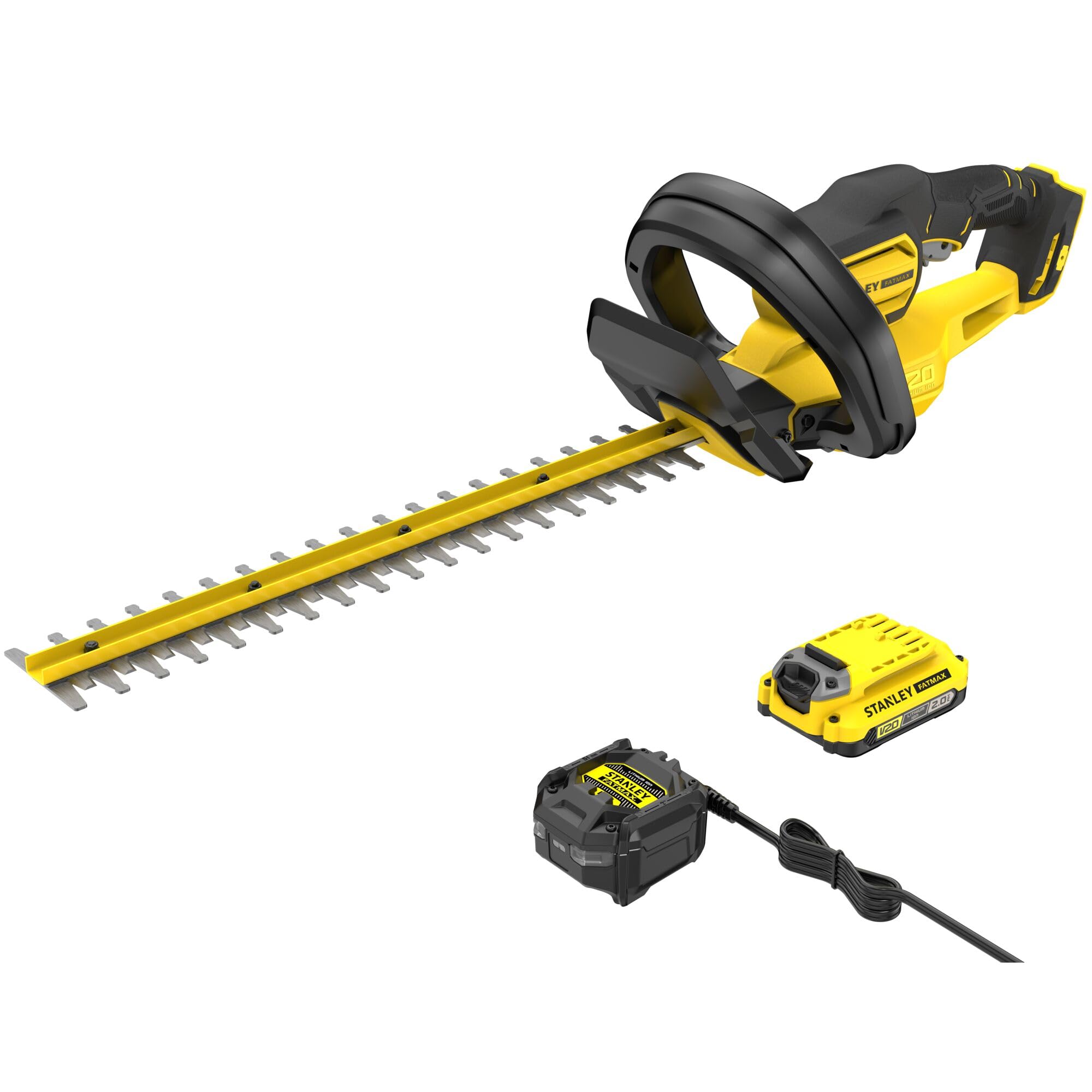 STANLEY FATMAX SFMCHT650D1-QW V20 - Cortasetos con batería (50 cm de Longitud de la Espada, Grosor de Corte de 19 mm, Mango de Planchado y Parada rápida, Incluye batería de 2,0 Ah y Cargador)