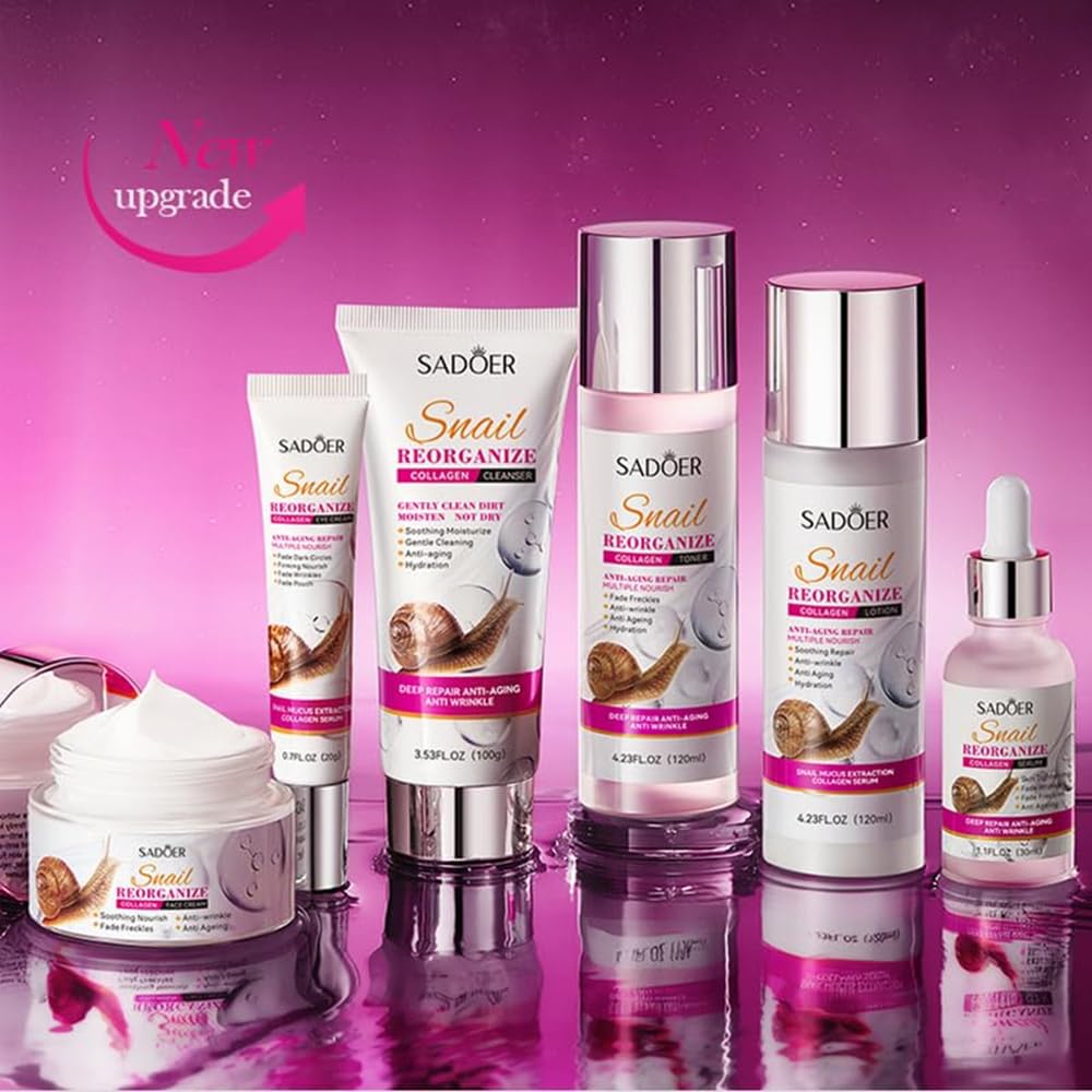 SADOER zestaw pielęgnacji ze śluzem ślimaka – oczyszczający żel, tonik, lotion, krem pod oczy, serum i krem do twarzy – nawilżanie i ujędrnianie