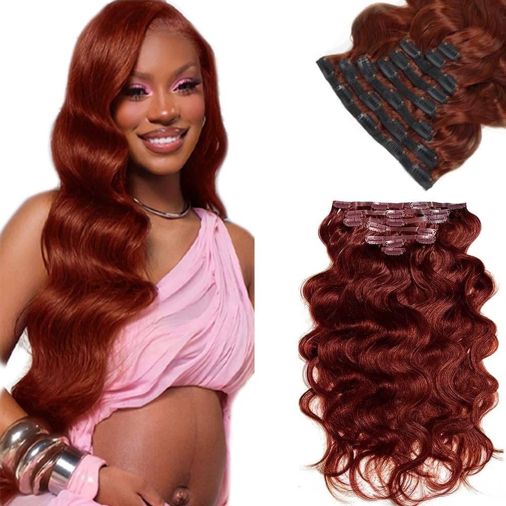 Photo 1 of #33 Reddish Brown Clip in Hair Extensions Real Human Hair, 20 Inch 120g/7Pcs,Full Shine Remy Human Hair,Copper Red Body Wave Clip ins Brazilian Virgin Human Hair Extensions