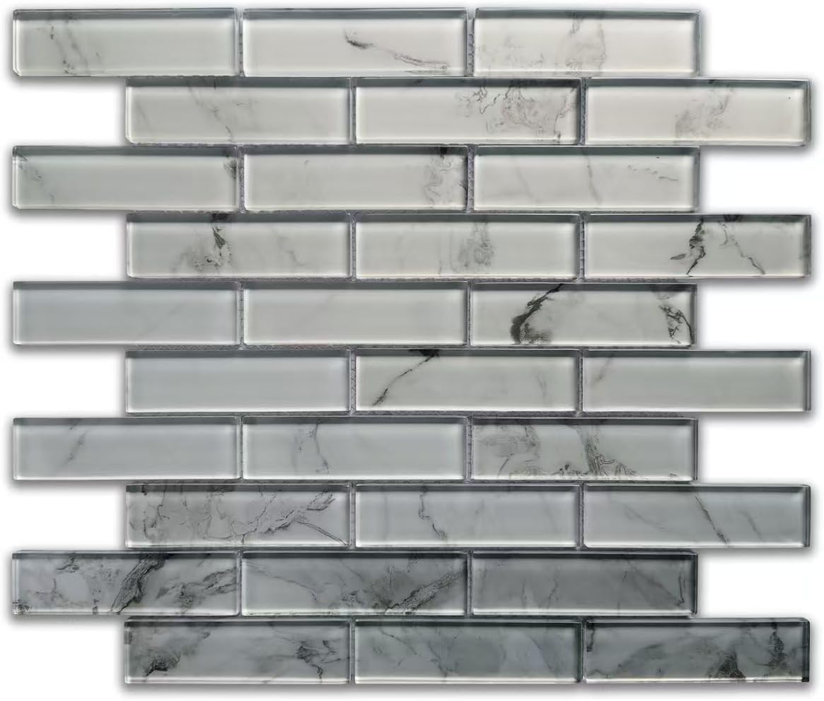 Premium White Carrara Stone Look Glass Backsplash Tile for Kitchen Backsplash, Interlocking Strip Wall Tile for Bathroom, Fireplace (Pack of 5 Sheets)