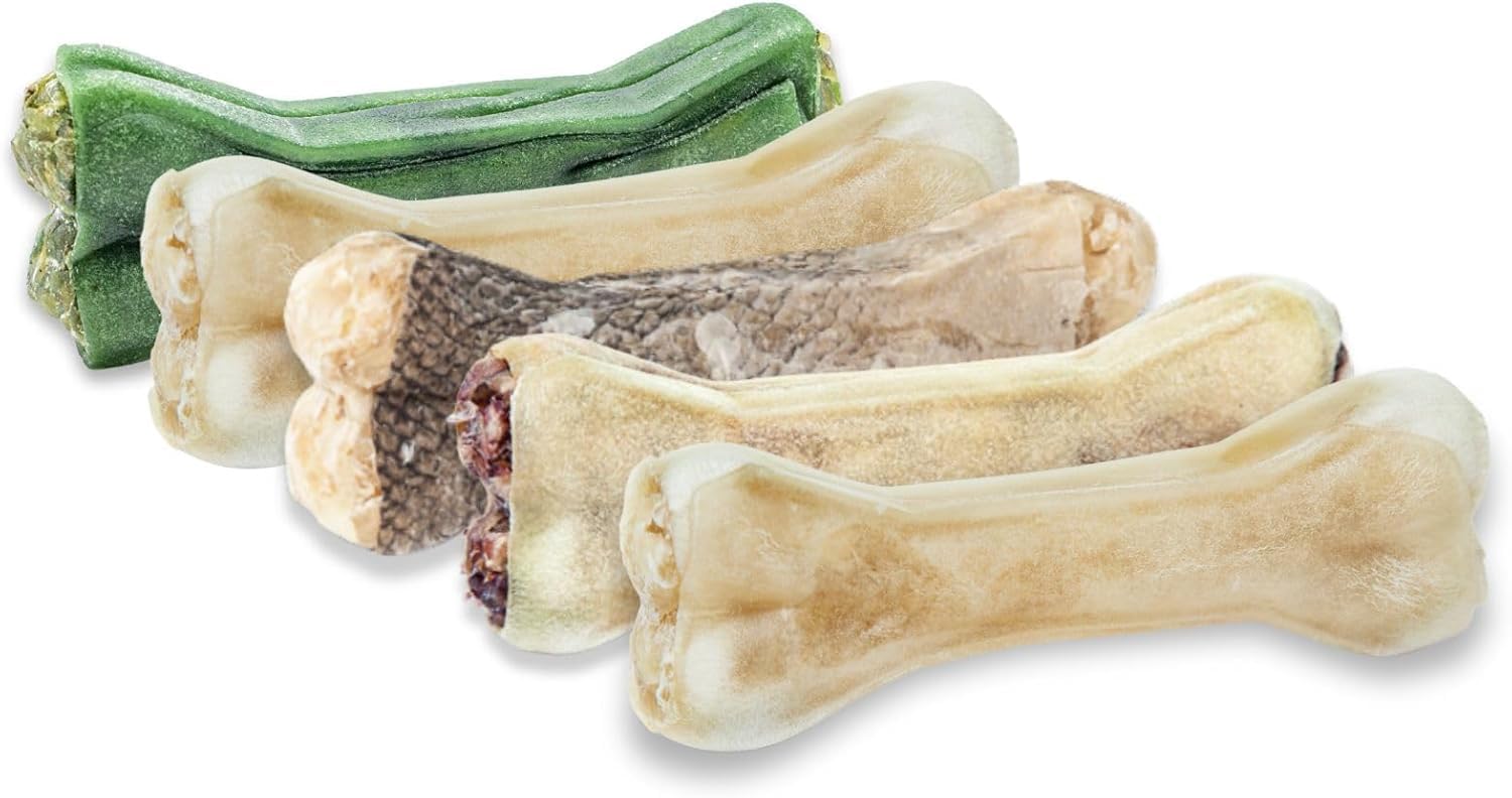 Lot de 5 os en cuir séché pour chien de 17 cm – Saveurs : autruche, protéines d'insectes, morue, mouton, sauge – 100 % dentition naturelle, Soutenir la mastication et des dents saines