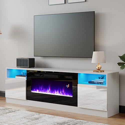 AMERLIFE - Soporte de TV con chimenea, centro de entretenimiento con luz LED y chimenea eléctrica de 36 pulgadas, soporte de entretenimiento moderno