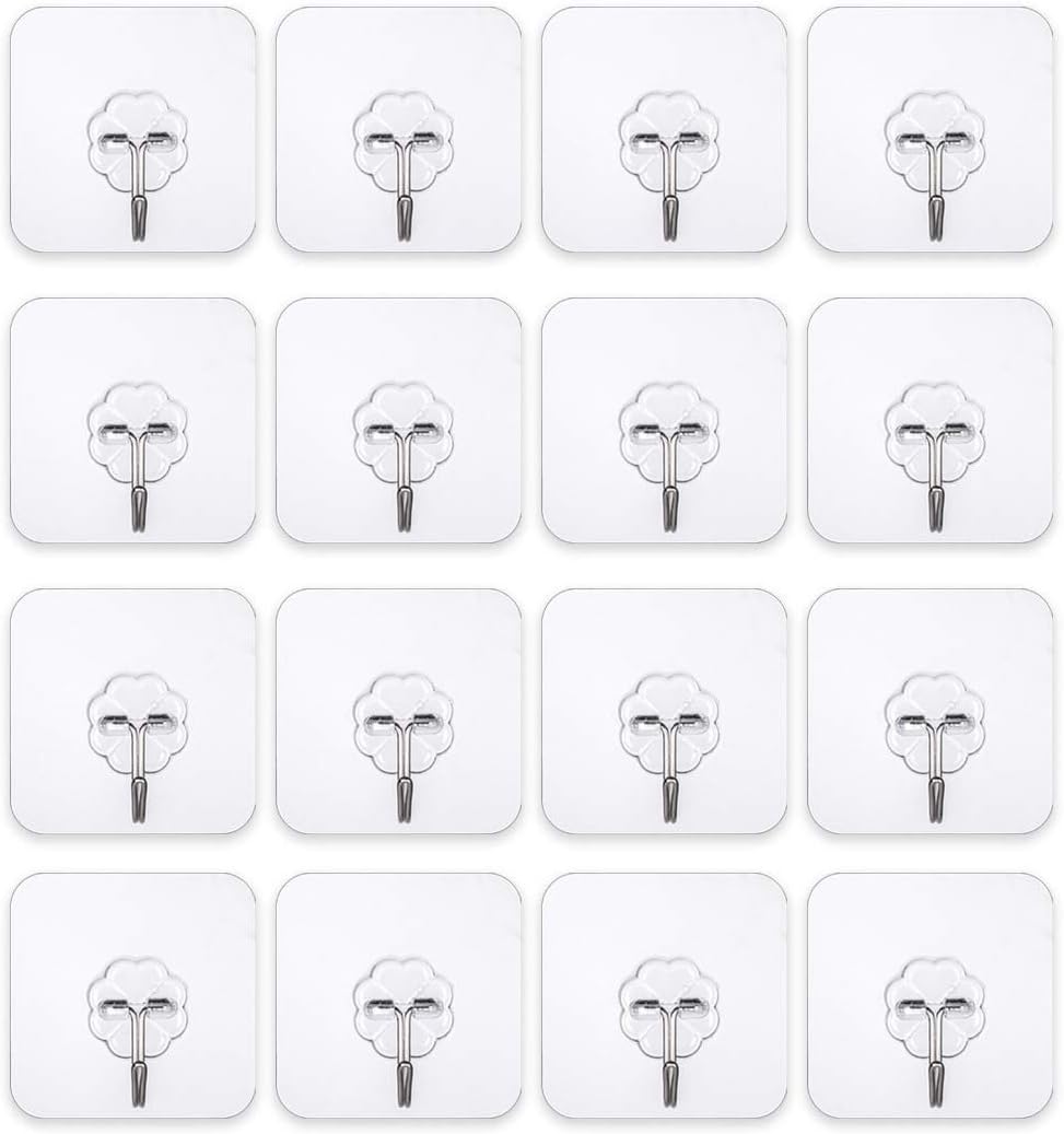 Self Adhesive Hooks Hangers - Heavy Duty 20 lb - Sticky Wall Hangers Without Nails - Reusable Kitchen Towel Bath Hooks (16 Units)