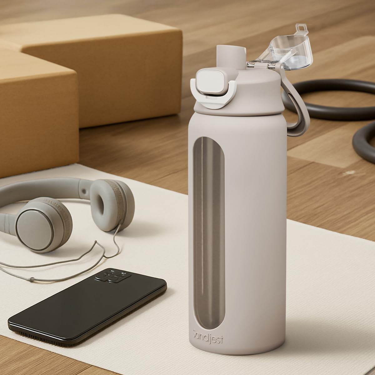 SANDJEST Glass Water Bottle with Silicone Sleeve 24oz with Lid, Motivational Time Marker, Drinking Hydration Glass Bottles for Men Women, Gym Travel Sports (Gray) - Image 7