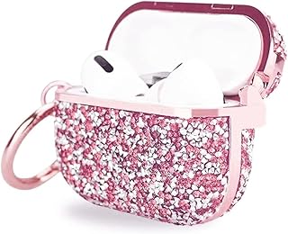 علبة سماعات ايربودز برو من البولي كربونات نيكست ستور مرصعة بحجر الراين اللامع الماسي اللطيف للبنات مع سلسلة مفاتيح محمولة وردي