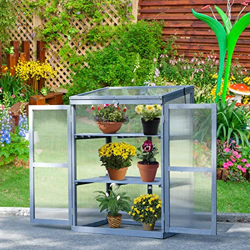 Avawing Wooden Greenhouse, Cold Frame Portable Greenhouse With Removable Shelves, Doors & Translucent Pc Protection For Home Decor Indoor Outdoor Patio Balcony Garden, Grey (30.0"X 23.2"X 43.3") #TOP1