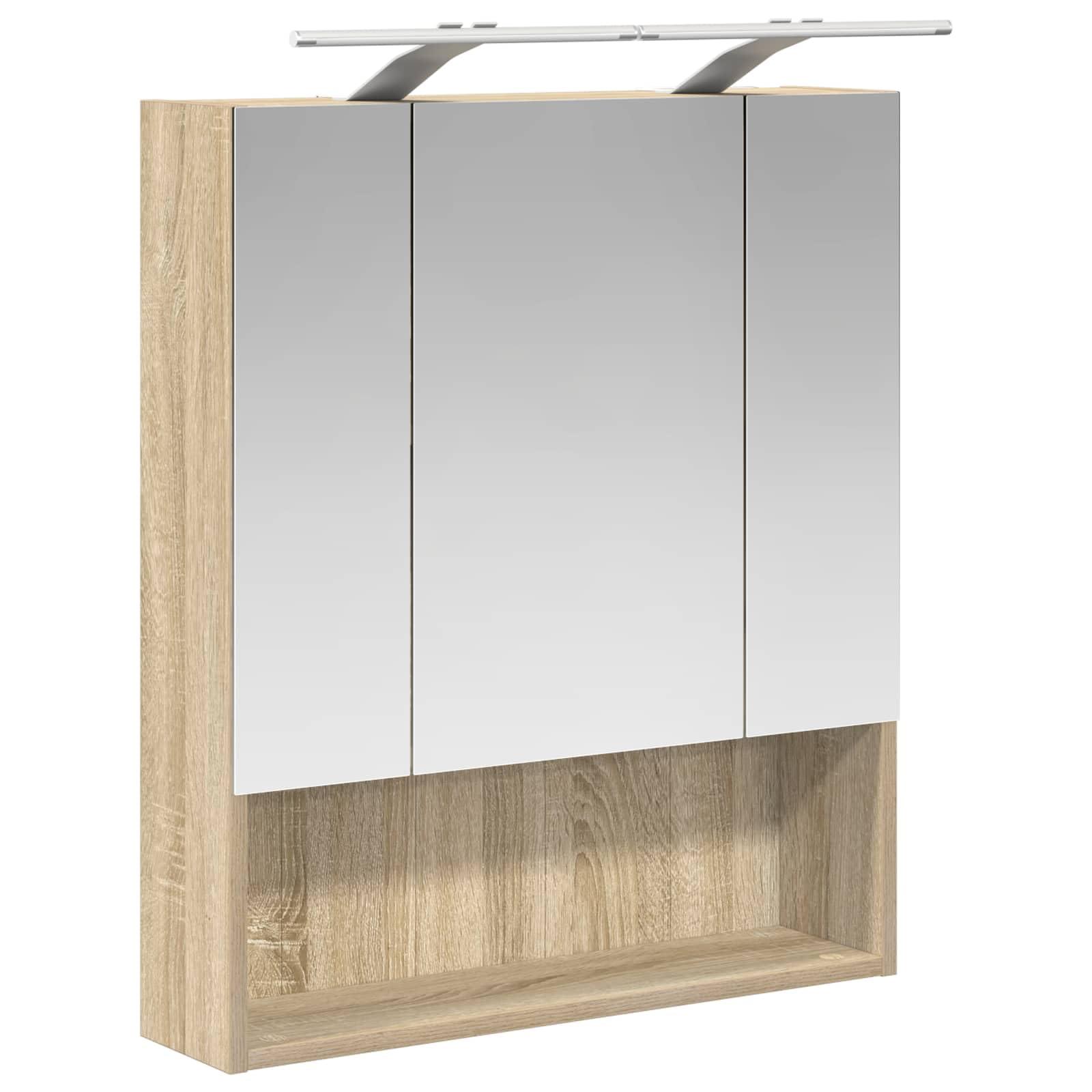 Szafka łazienkowa z lustrem Sonoma z drzwiami 60 x 14,5 x 70 cm, wisząca na ścianie z miejscem do przechowywania, dwie półki, dwustronne lustro, oświetlenie LED, idealna do umywalek i mebli