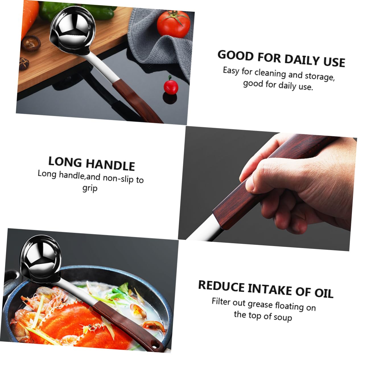 Mikinona Stainless Steel Oil Filter Spoon Hot Pot Soup Ladle Handle Grease Separator for Cooking Lightweight and Utensil Easy to Clean and Store