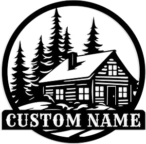 Personalized Family Cabin Metal Sign, Custom Lodge & Lake Scene Wall Art (Style-3)