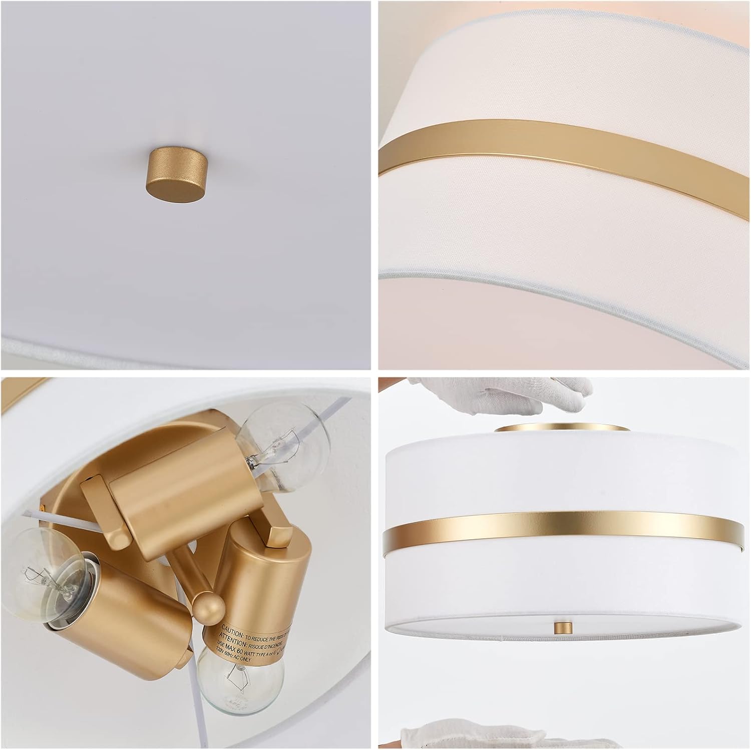 Semi Flush Mount Ceiling Light Fixture, Thin Pale Gold Brush Paint Finish Modern Ceiling Lamp with Cream White Fabric Drum Shade for Nursery Kids Room Bedroom Kitchen Hallway Entryway 3-Light
