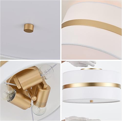 Miniatura 3 de MhyTogn Lámpara de techo semiempotrada, fina con acabado de pintura de pincel dorado pálido, lámpara de techo moderna con pantalla de tambor de tela