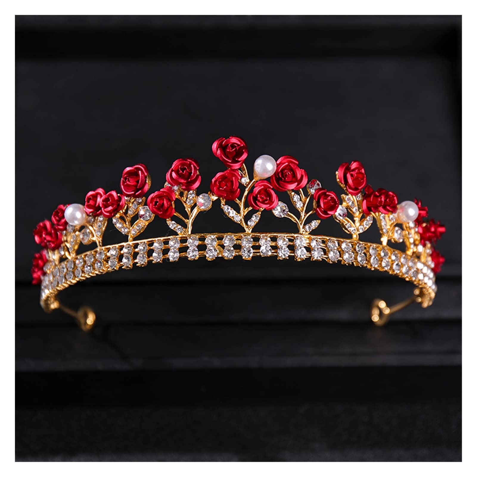 Kwiat kryształowa korona Tiara czerwona róża elegancka opaska do włosów z pałąkiem na głowę Diadem kobiety ślubne akcesoria do włosów dla nowożeńców biżuteria złoty kolor Tiara (kolor metalu: złoty)
