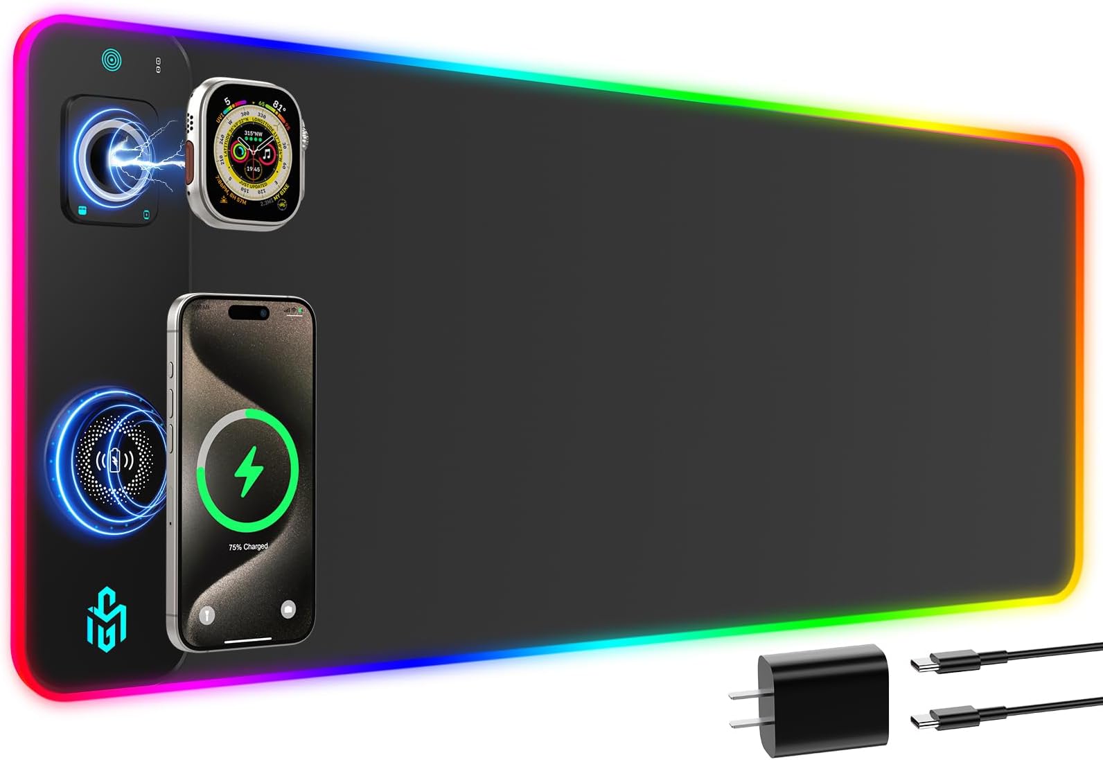 GIM RGB Gaming Mouse Pad with Simultaneous Charging for Phone & iWatch, LED Mouse Mat 800x300x4MM, 14 Light Modes, Non-Slip Rubber Base, Computer Keyboard Mat for Gaming, 20W PD Adapter Included