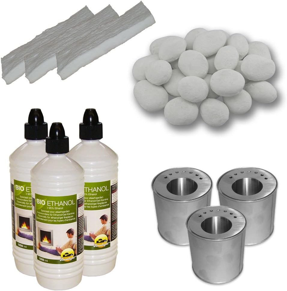 3 liters Set Ceramic Stones 24Stk White. + 3L Bio Ethanol + 3 Burning Cans with perforated Plates + 3 and Ceramic Sponges for Gel Fireplace Table Lamp Deco Fireplace Bio Ethanol Fireplace