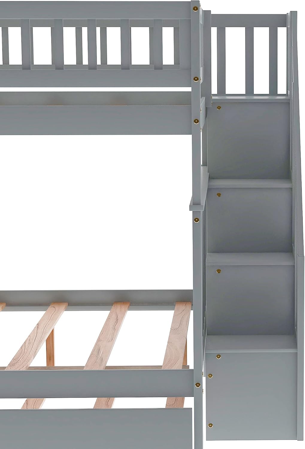 P PURLOVE Stackable Full Over Full Bunk Bed With Trundle, Wood Stairway Storage and Shelf for Kids Teens, Can Be Divided Into 3 Individual Beds, Gray Frame