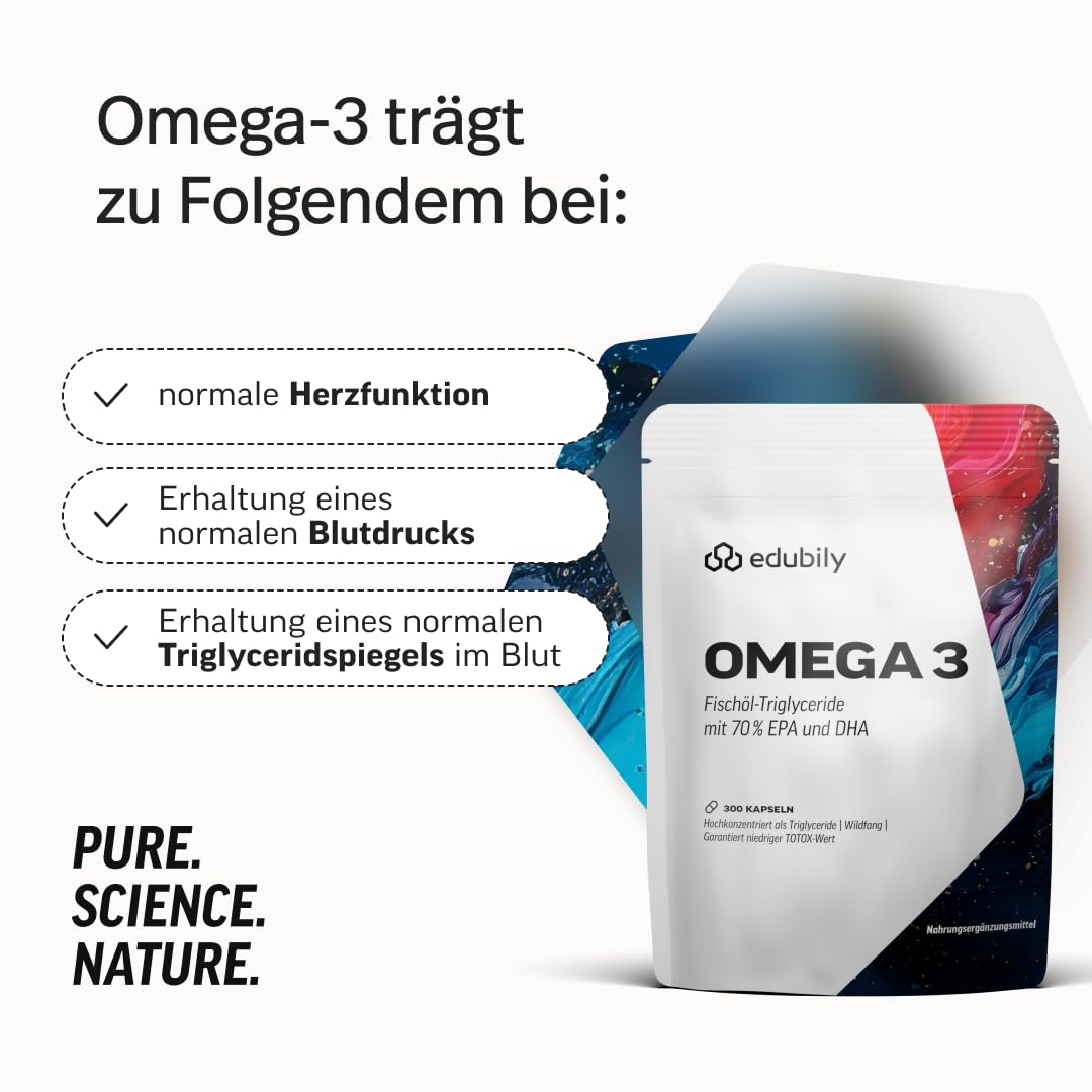 edubily® Omega-3 Fischölkapseln - 70% Omega 3-Gehalt - EPA DHA Kapseln in pharmazeutischer Qualität aus nachhaltigem Wildfang (300 Kapseln)