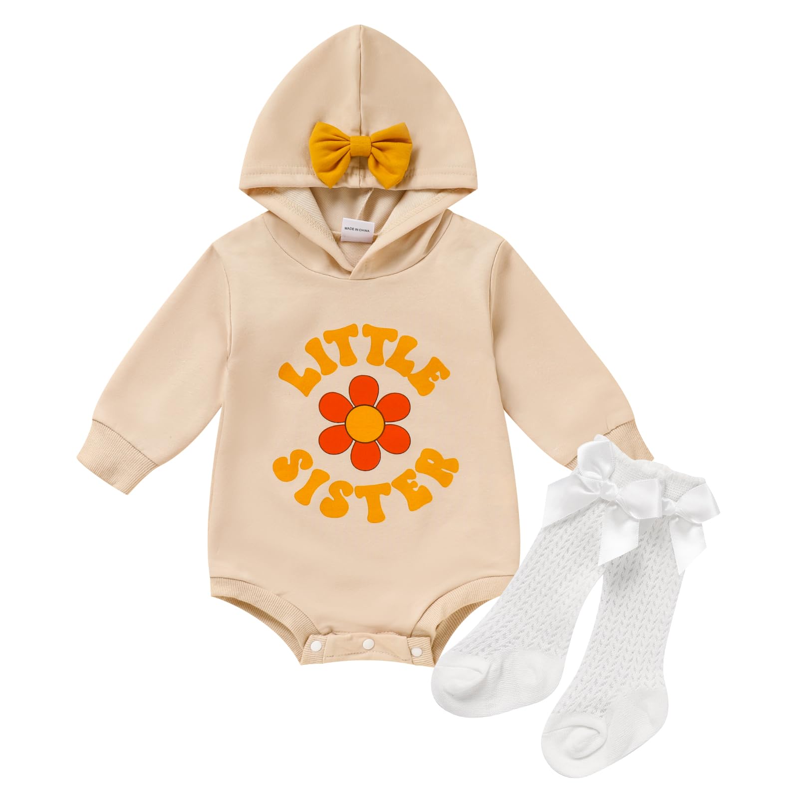 ZOELNIC Newborn Baby Girl Romper long Sleeve Bow Hoodie Letter Print Pullover Sweatshirt+Socks 2Pcs Fall Winter Clothes Set