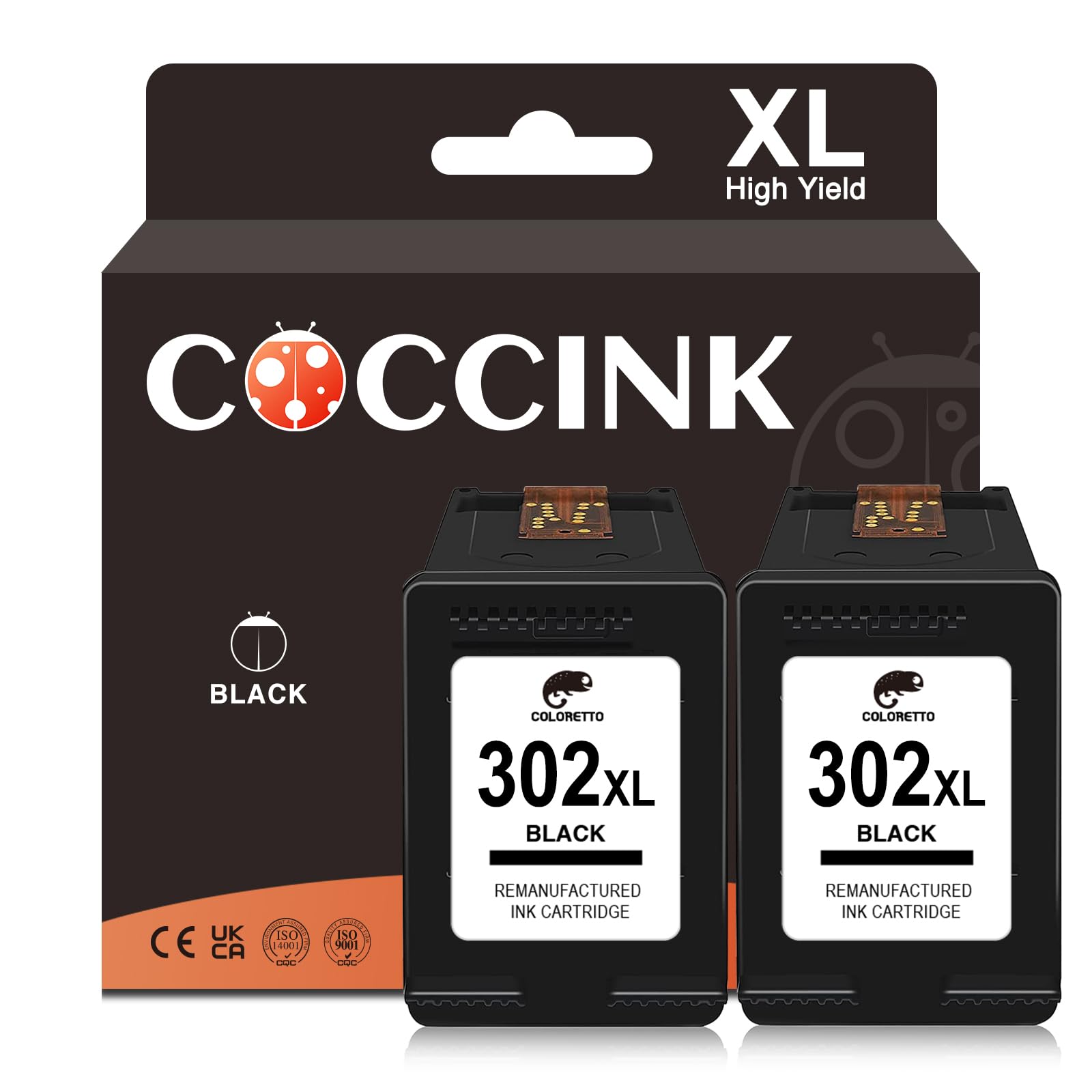 COCCINK 302XL Wiederaufbereitete Druckerpatronen für HP 302 XL für Envy 4527 4520 4524 4523 DeskJet 3630 2130 3636 3632 3637 2134 Officejet 3831 3830 3835 4650 5230 5232 (2 Schwarz)
