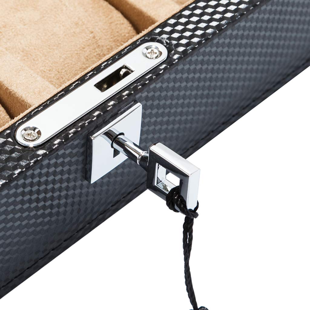 Caja de reloj de fibra de carbono, caja de reloj con 3 ranuras, caja de almacenamiento para exhibir joyas, bandeja para pulsera con 3 almohadas de almacenamiento extraíbles, con cerradura de Metal