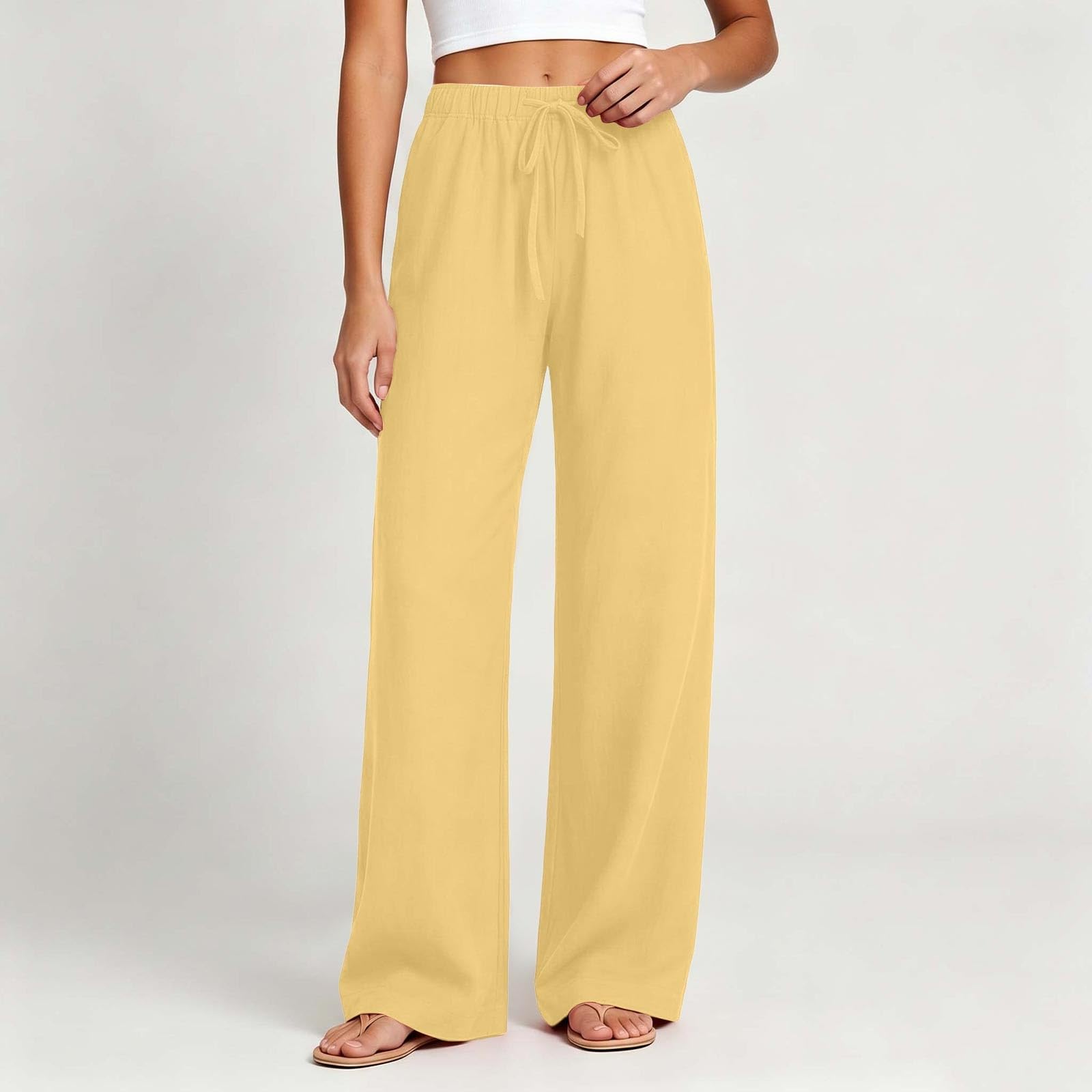 Pantalon Large Femme Coton Lin Cordon Taille Élastique Poches Couleur Unie