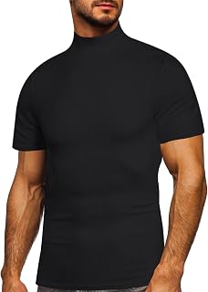 Mens Mock Turtleneck Ribbed Solid Color Short Sleeve Basic Slim Fit Lightweight Pullover Tops