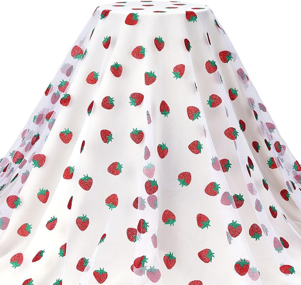 3 Yards Strawberry White Tulle Lace Fabric 66 Inch Wide Shiny Strawberry Glitter Tulle for DIY Crafts Tutu Skirt Sewing Party Decoration Dresses Bow Gift Ribbon