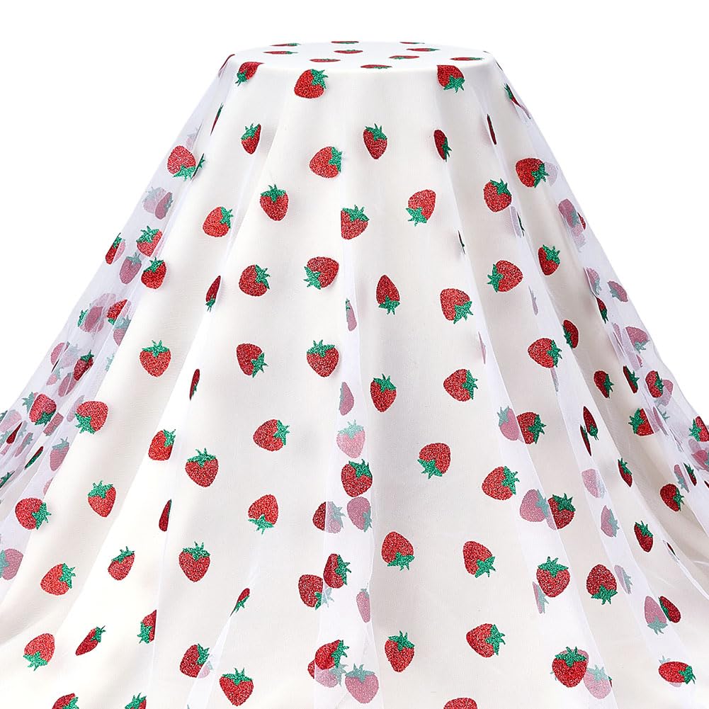 3 Yards Strawberry White Tulle Lace Fabric 66 Inch Wide Shiny Strawberry Glitter Tulle for DIY Crafts Tutu Skirt Sewing Party Decoration Dresses Bow Gift Ribbon