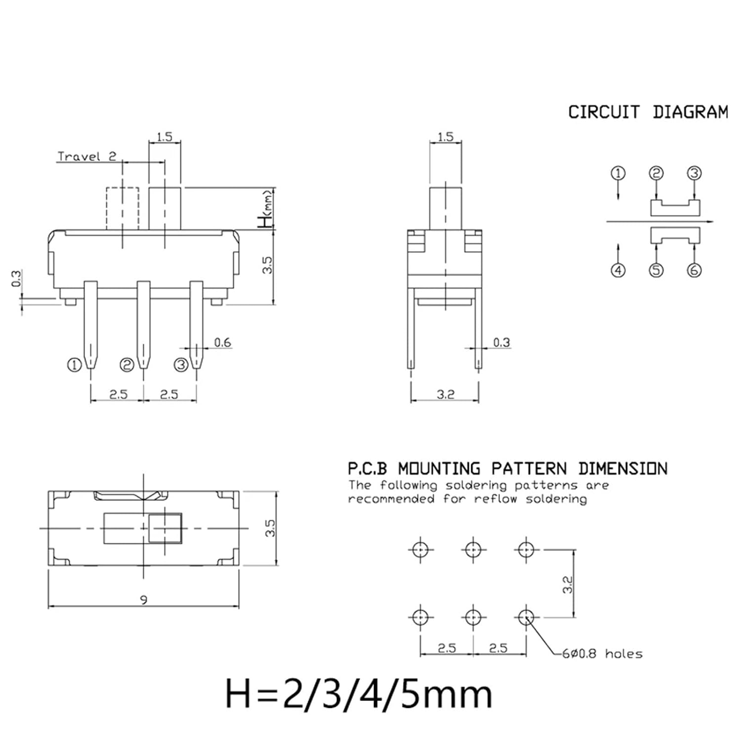 6Pin DIP Mini Slide Switch 2Position Toggle 2P2T 9.0X3.5mm H=2/3/4/5mm Vertical 04A 10Pcs(H 5MM)