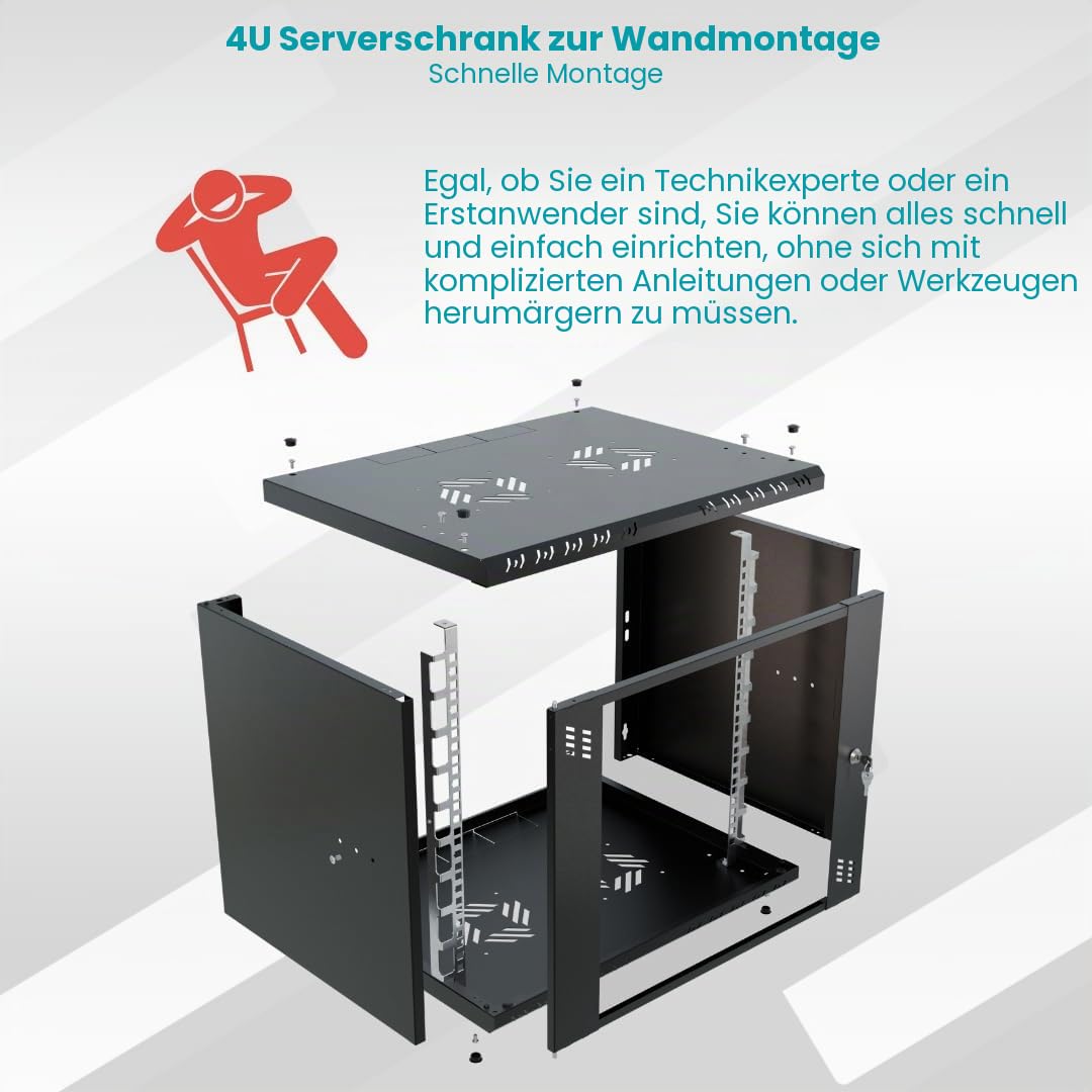 Netzwerkschrank 19 Zoll - Serverschrank 4HE - Server Rack für Wandmontage - Traglast 40kg - 350mm Tiefe - Serverschrank 19 Zoll zum Serverraum, Büro - Schwarz
