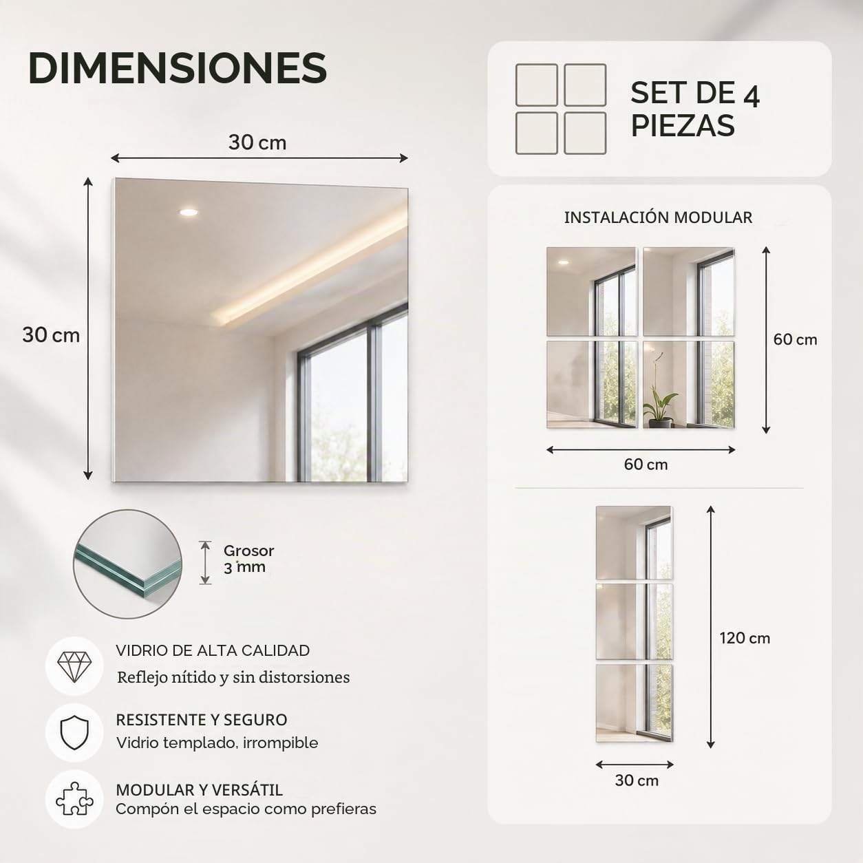 Gimnasio Espejo de Pie Cuerpo Entero 4 Piezas Espejos Grandes de Pared para Gimnasio Garaje Yoga Estudio de Baile y Dormitorio 30x30cm con Montaje Adhesivo