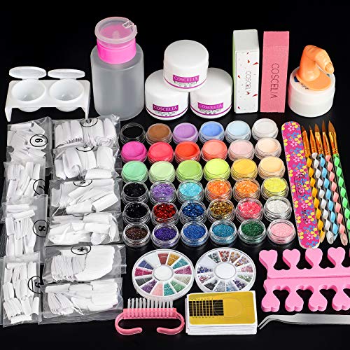 Acrylic Nail Kit-3 Colors Acrylic Powder and 36 Pcs Acrylic Nail Glitter with Professional Acrylic Nail Brush Flase Nail Tips Nail Art Set