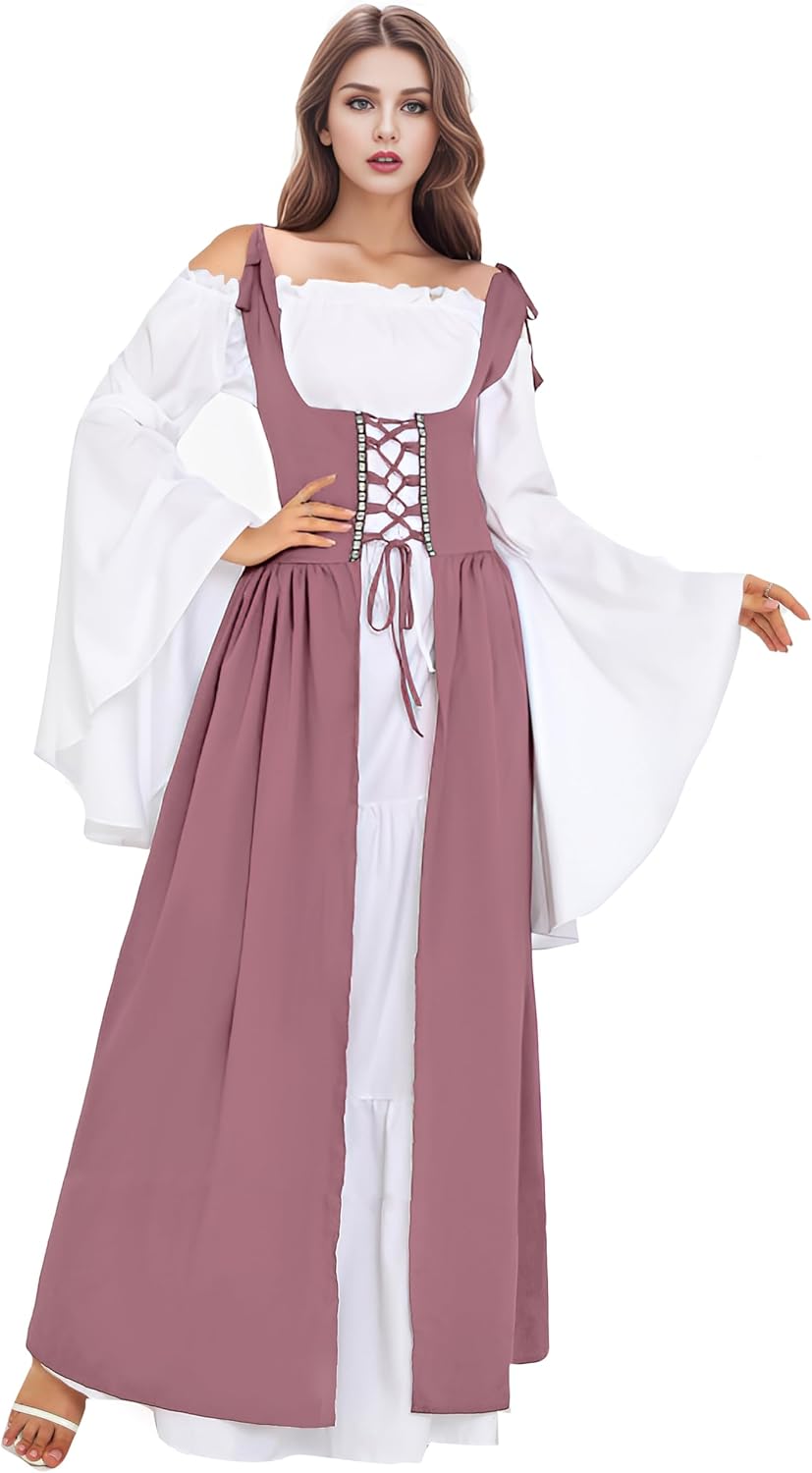 Renaissance Costume Women Medieval Dress Halloween Party Outfit Ren Fair Gown Long & Short Sleeve Vintage Costume