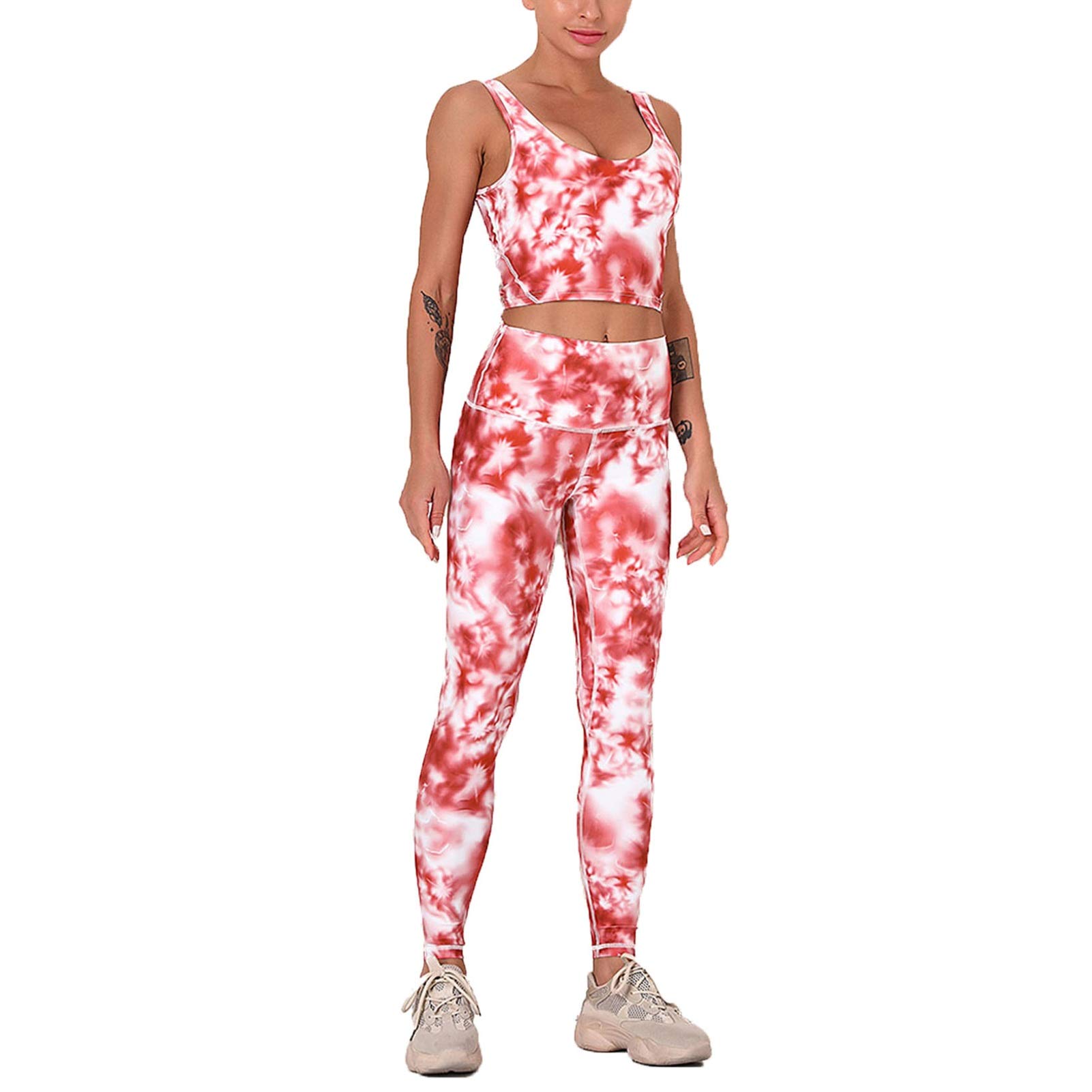 Top Leggings Set Abbigliamento Sportivo Donna, Stampe da donna Allenamento Set 2 pezzi Abiti Abiti ad alta vita a vita alta Ascensore Skinny Yoga Leggings Racerback Bra reggiseno Crop Top Gym Vestiti