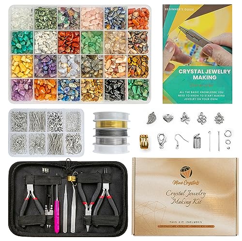 MineCrystals Jewelry Making Kit DIY | Natural Crystal Chip Stones Beads| Tools kit | Jewelry Wires Findings Supplies | Instruction Guide Gift Box | Adult Teens Craft |Bracelet Earring Necklace
