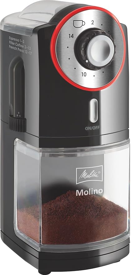 Melitta Molino Kaffeemühle – elektrische Kaffeemühle mit Scheibenmahlwerk für bis zu 200g Kaffeebohnen, 17 individuellen Mahlstufen, für 2–14 Tassen Kaffee, schwarz/rot Melitta Molino Kaffeemühle – elektrische Kaffeemühle mit Scheibenmahlwerk für bis zu 200g Kaffeebohnen, 17 individuellen Mahlstufen, für 2–14 Tassen Kaffee, schwarz/rot