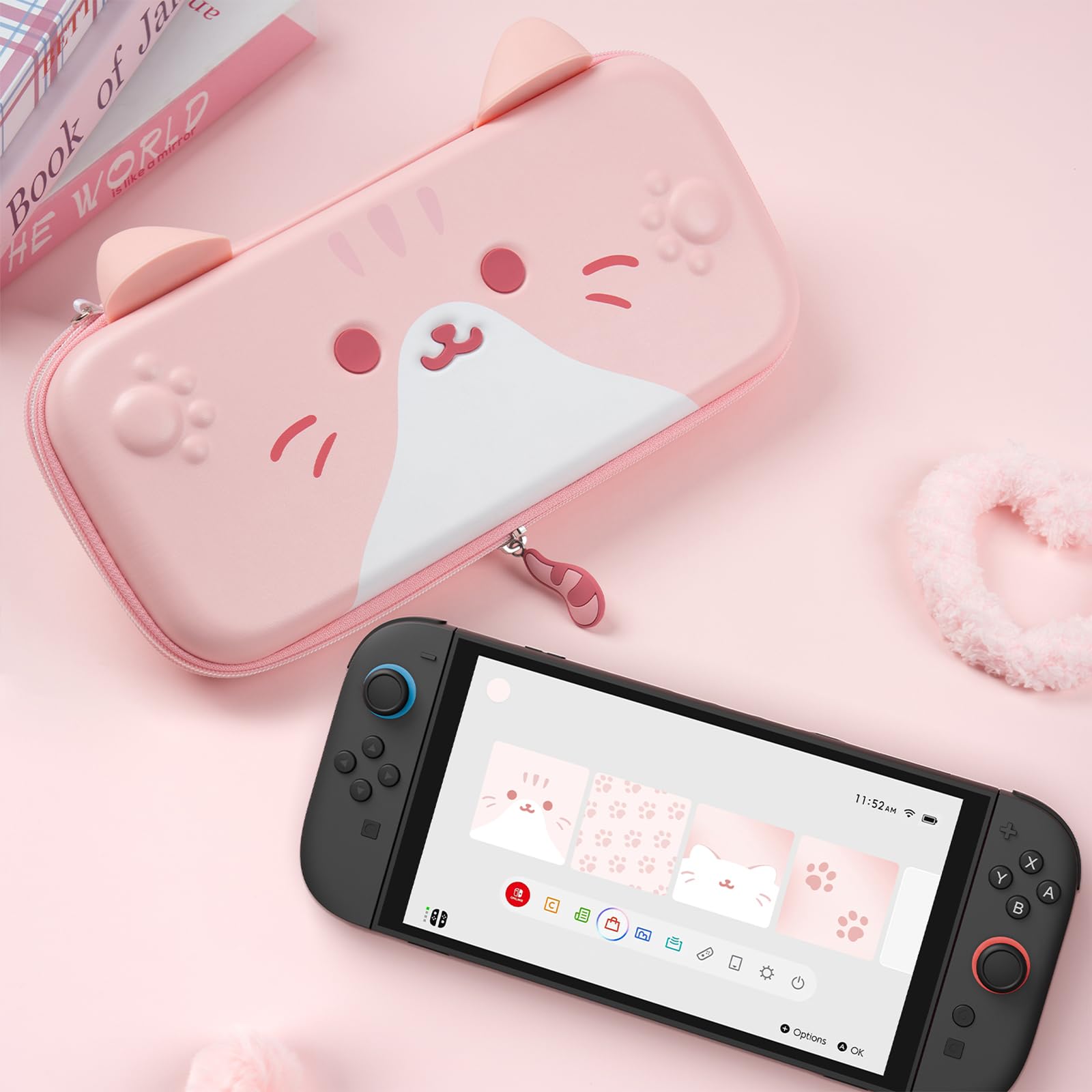 GeekShare Carrying Case Compatible with Switch 2 (2025) 7.9 Inch, Hard-Shell Slim Travel Case with 12 Game Card Slots for Switch 2 Console and Accessories, Pink Cat Ear - 5